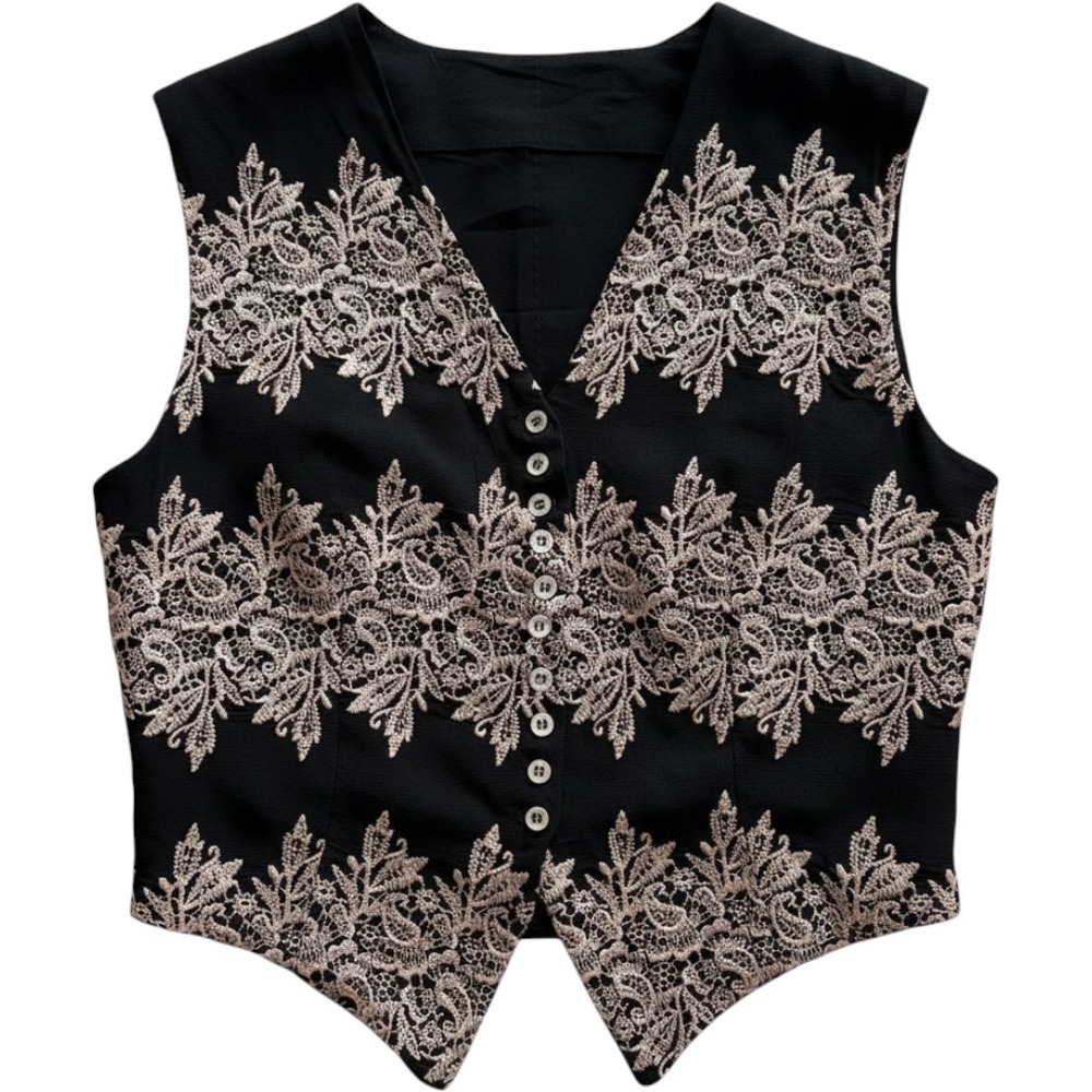 Vintage Parallel Black Embroidered Vest Women Medium Cropped Tie Back Rayon Boho